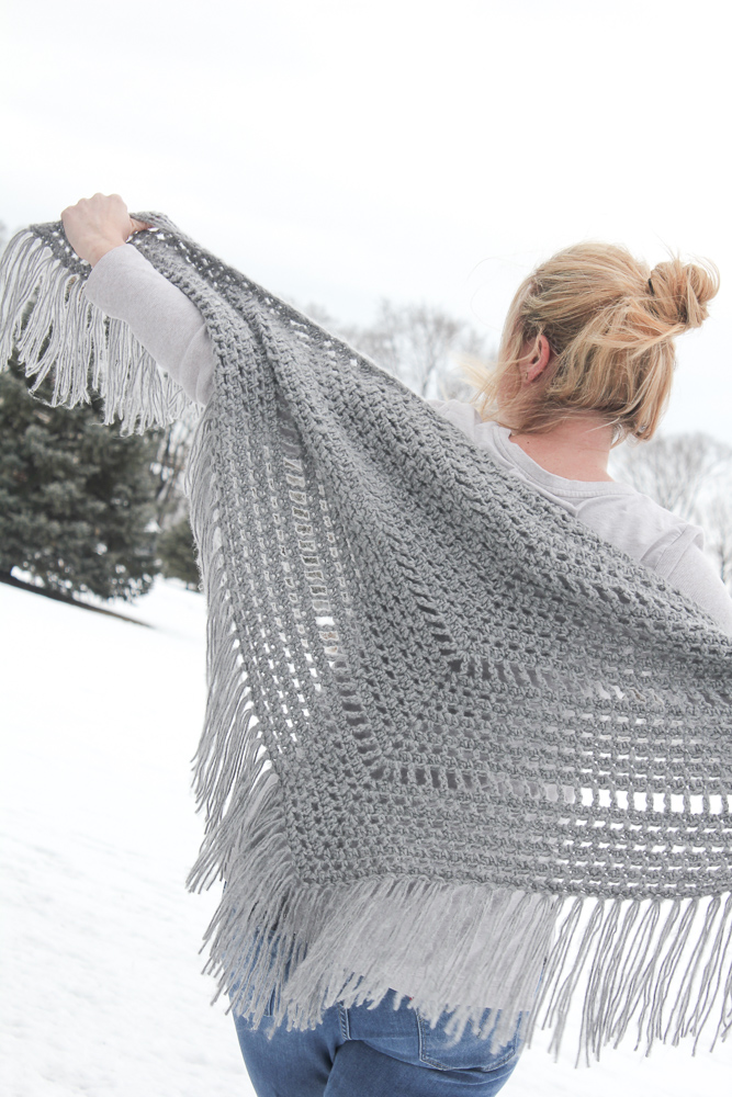 Free crochet pattern for a Triangle Scarf or wrap with fringe using Red Heart Dreamy Yarn.