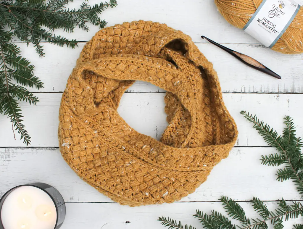 Mustard Puff Crochet Infinity Scarf Pattern - The Knotted Nest, image size:1024x774